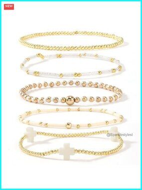 Gold Beaded Bracelets Stack Stretch 14K Gold Plated Beads Ball Cross